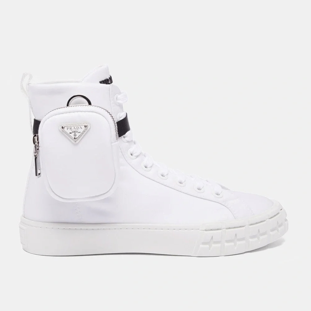 Authentic Prada Wheel Zipped-Pouch High Top Re-Nylon Trainers in White